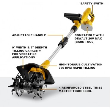 Cordless Garden Tiller Cultivator, Compatible with DeWalt 20V MAX Battery, 360 RPM High Torque, 9" Width x 7" Depth, Lightweight Garden Soil Tool for Weeding, Tool Only-Battery Not Included Cordless Garden Tiller Cultivator, Compatible with DeWalt 20V MAX Battery, 360 RPM High Torque, 9" Width x 7" Depth, Lightweight Garden Soil Tool for Weeding, Tool Only-Battery Not Included
