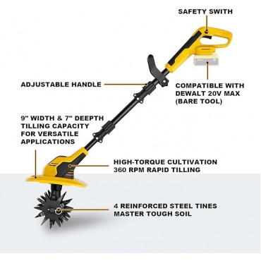 20V Cordless Garden Tiller Cultivator - Compatible with DeWalt 20V MAX Batteries, 9-in. Tilling Width & 7-in. Depth, 4 Steel Blades for Raised Beds and Flower Gardens, Battery Not Included 20V Cordless Garden Tiller Cultivator - Compatible with DeWalt 20V MAX Batteries, 9-in. Tilling Width & 7-in. Depth, 4 Steel Blades for Raised Beds and Flower Gardens, Battery Not Included
