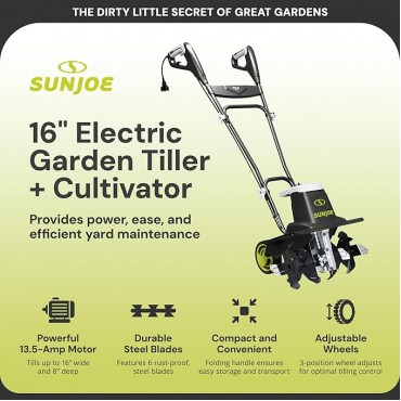 Sun Joe Corded Electric Garden Tiller & Cultivator with Steel Tines, 16 Inch, 13.5-Amp Motor - Heavy-Duty Tilling Machine for Lawn, Yard, and Gardening Care, TJ604E