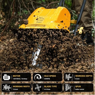 Garden Rototiller 12-Inch 10.5-Amp Corded Electric Tiller/Cultivator, Adjustable Wheels, 8-Inch Tilling Depth, Powerful and Lightweight Tiller