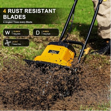 8.5AMP 12Inch Corded Tiller Cultivator 8-inch Depth Rototillers for Gardening, 360RPM Electric Garden Tiller with LT-201D Socket