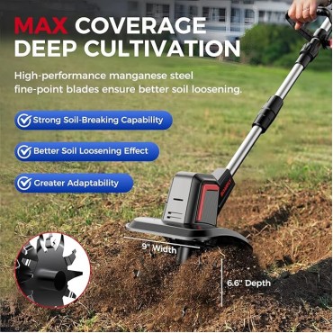 Upgraded Cordless Electric Tiller for Gardening, Total 8.0Ah Battery Powered Mini Cultivator with 2×4.0AH Batteries, 9" Width, 6.6" Depth, 48 Steel Tines Rototiller for Soil Cultivation