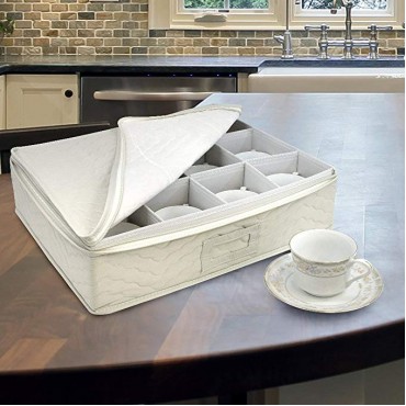 Sorbus Dinnerware Storage 5-Piece Set for Protecting or Transporting Dinnerware — Service for 12 — Round Plate and Cup Quilted Protection, Felt Protectors for Plates, Fine China Case (Beige) 