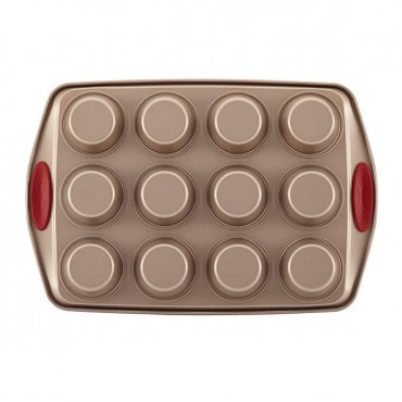 Rachael Ray Cucina Nonstick Bakeware 10-Piece Set, Latte Brown with Cranberry Red Handle Grips