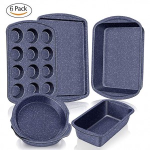 Roll over image to zoom in Baking Pan Nonstick Bakeware Set 6-Piece, Baking Sheet No Stick Carbon Steel Cookie Sheet, Muffin Roasting Loaf Pan and Pizza Bread Pans Cookware Set