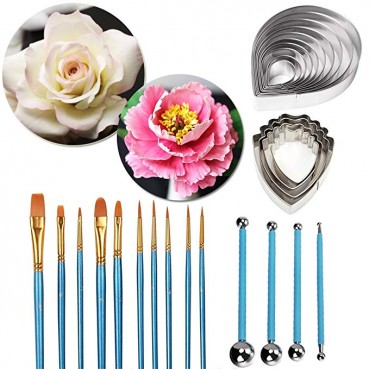 Peony and Austen Rose Sugar Flower Tool Set- Gumpaste Decorating Modeling Tools Set 2 Sets Stainless Steel Petal Cutter Set 10 pcs Cake Decorating Brushes Fondant Cake Decorating Supplies