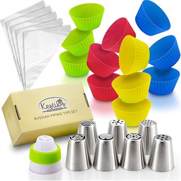SALE! Russian Piping Tips Set By Kestilos – 7 Cake & Cupcake Decorating Icing Nozzles, A 3 Color Coupler, 5 Disposable Pastry Bags & 12 Silicon Cupcakes Molds