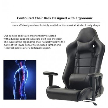 Gaming Chair Ergonomic Racing Chair PU Leather High-Back PC Computer Chair Adjustable Height Professional E-Sports Chair with Headrest and Lumbar Pillows (Black)